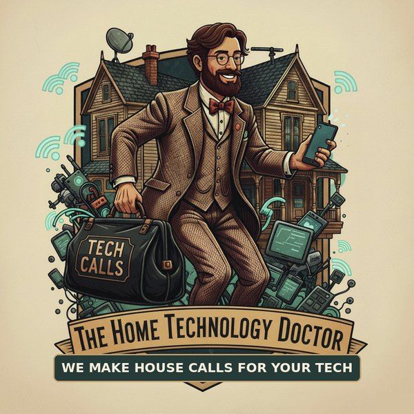 The Home Technology Doctor logo: a friendly bearded doctor in a tweed suit carrying a bag labelled Tech Calls, with the words We make house calls for your tech.